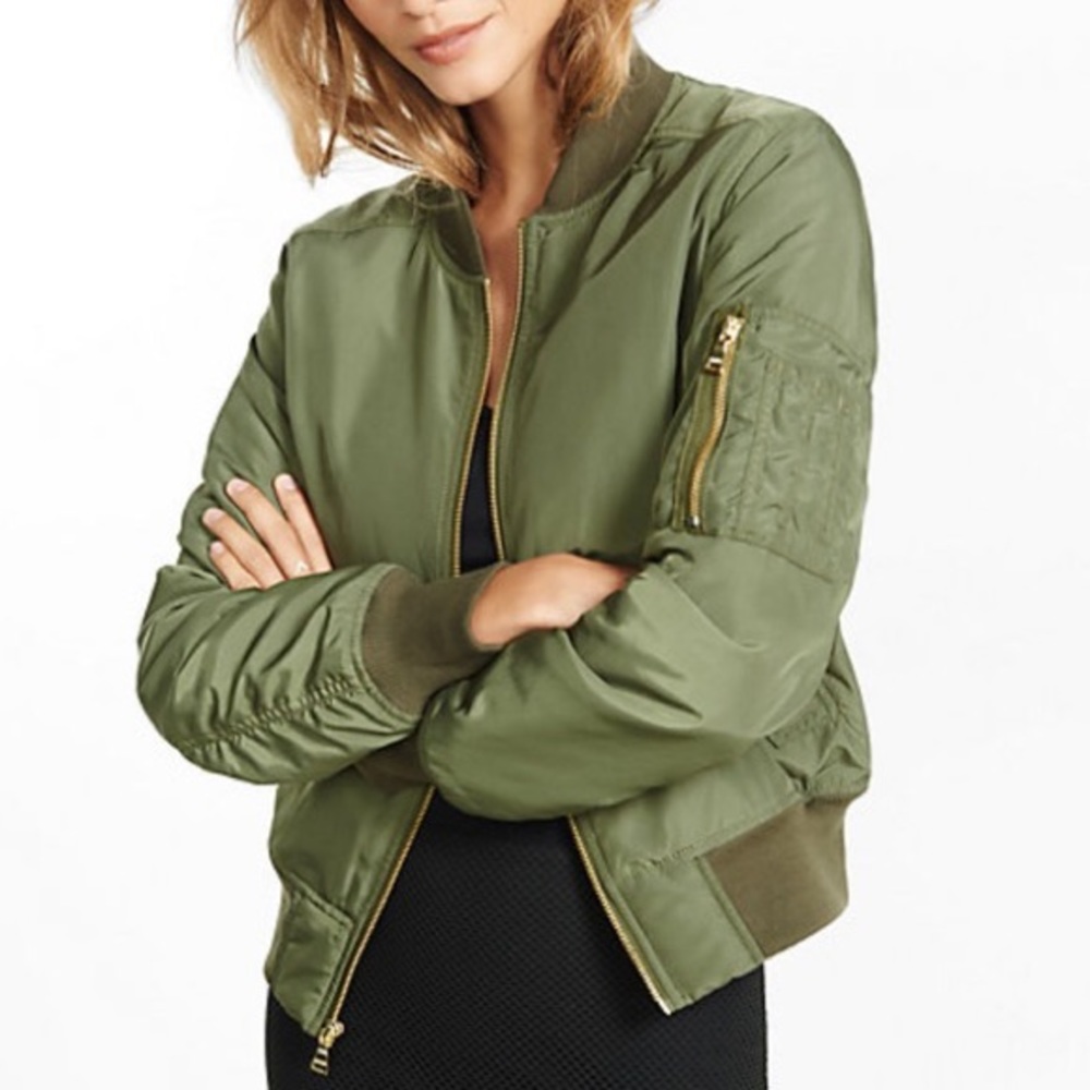 Express Olive Green Puffer Bomber Jacket